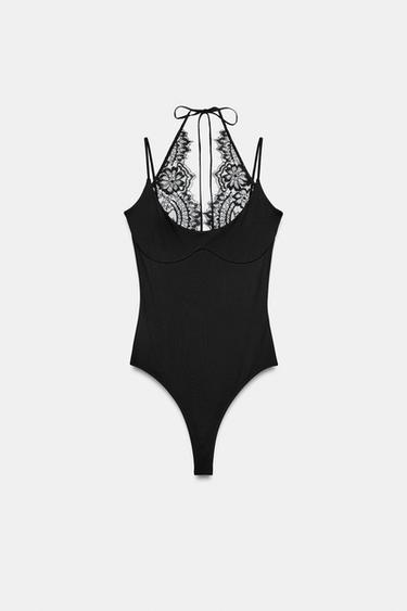 HALTER BODYSUIT WITH LACE TRIM - Black by Zara