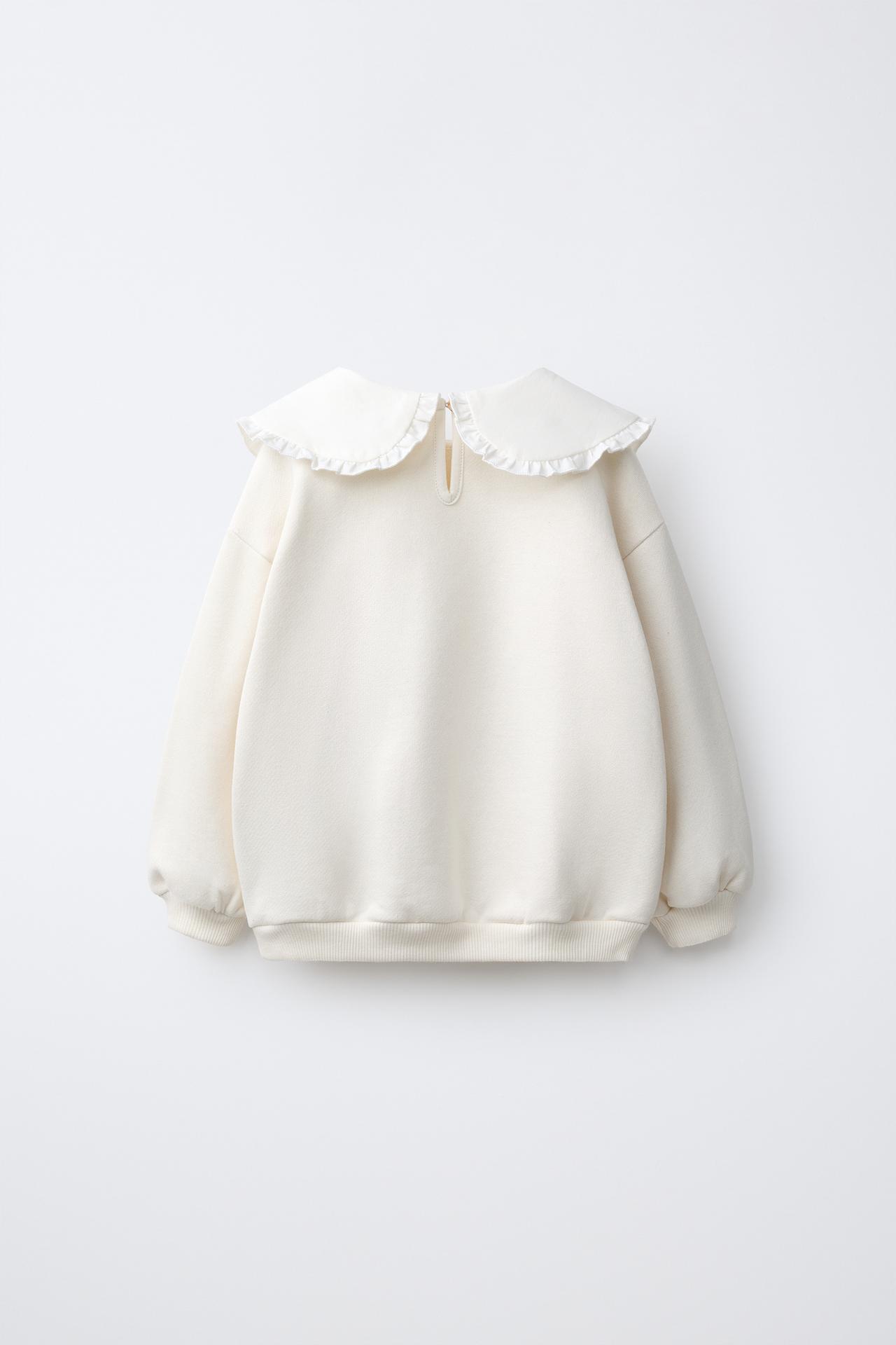 EMBROIDERED FLORAL COLLAR SWEATSHIRT — Ecru