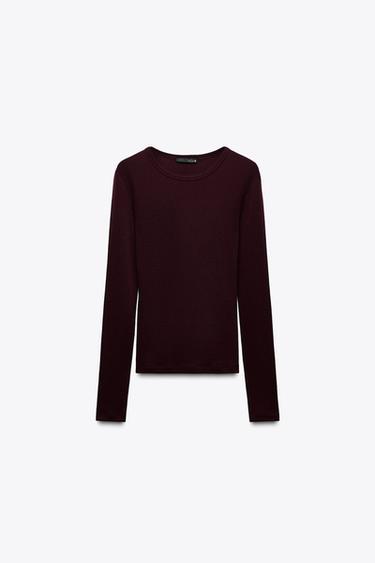 WOOL BLEND T-SHIRT - Dark burgundy by Zara