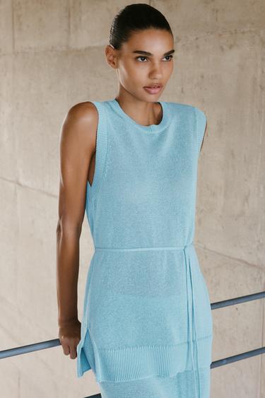 LONG KNIT TOP WITH BELT - Light blue by Zara - Image 1
