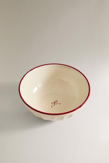WAVY STONEWARE CHRISTMAS BOWL - White / Red by Zara - Image 1