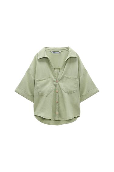 LINEN AND VISCOSE BLEND CROPPED SHIRT