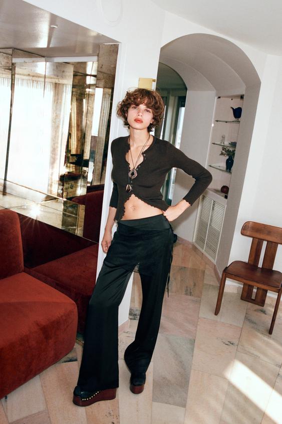 PANTALÓN SATINADO PAREO ENCAJE Negro ZARA Mexico