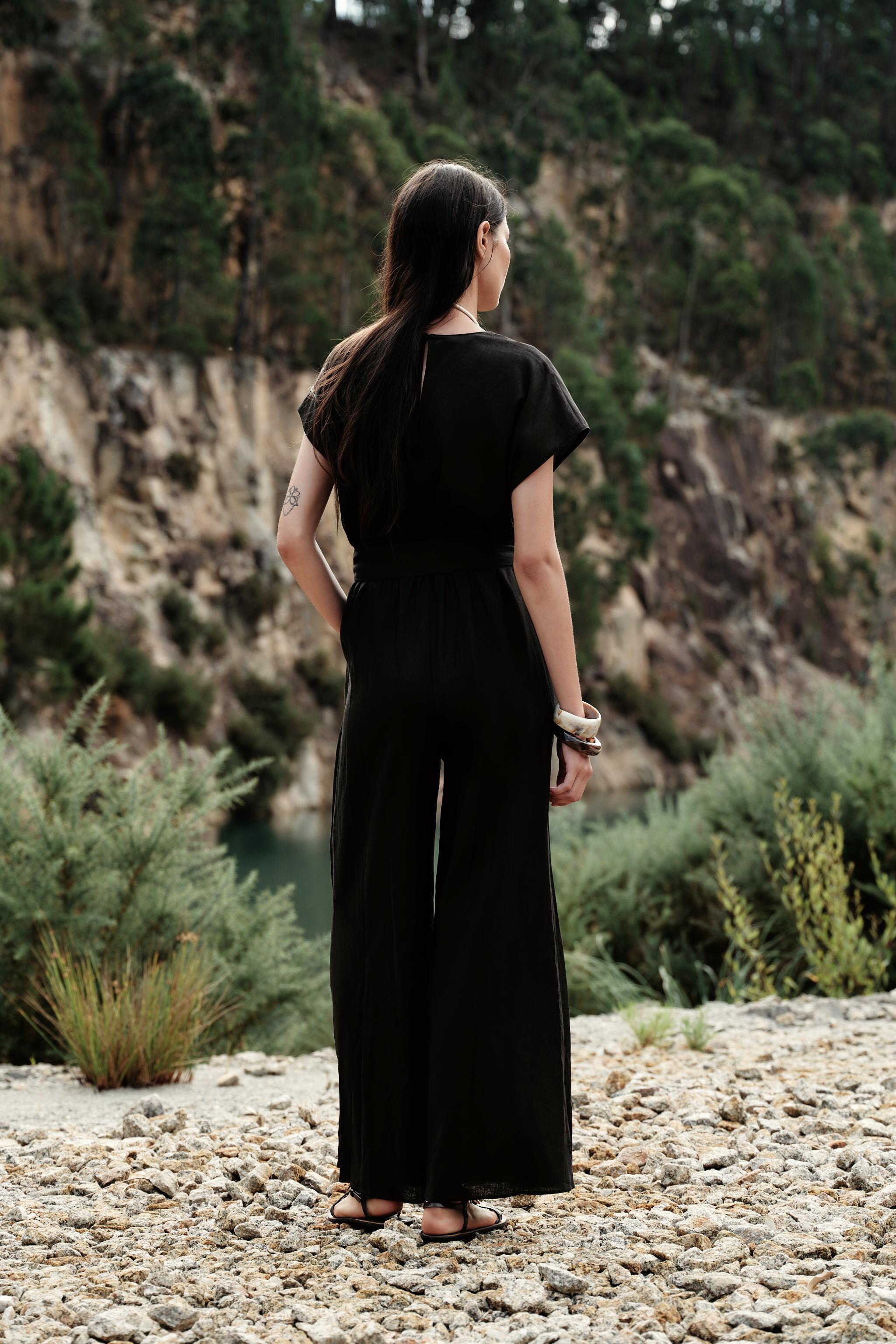 LINEN BELTED LONG JUMPSUIT
