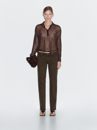 Zara Straight-leg mid-waist denim-effect trousers - Chocolate