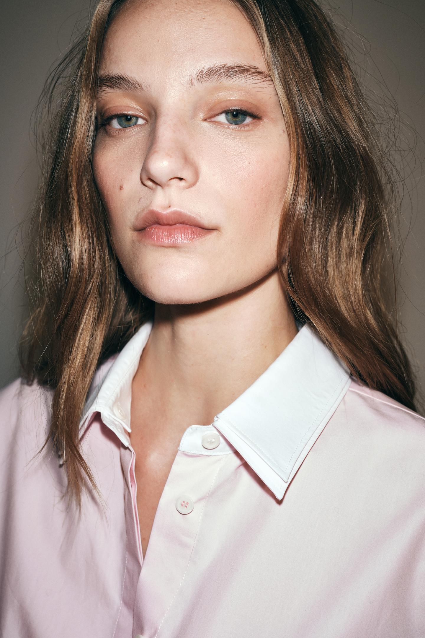 Женская рубашка Zara ZW Collection Double Collar, цвет: Меловой розовый — фото 4