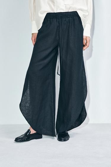 Zara 100% 亞麻開衩長褲 ZW COLLECTION - 黑色