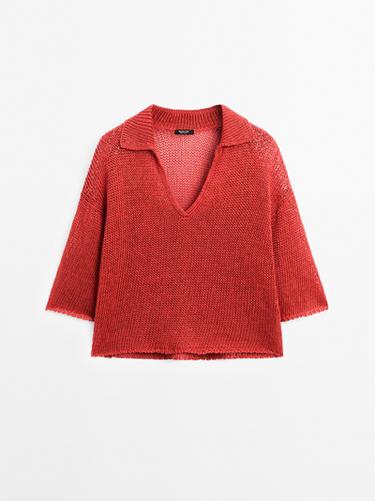Jersey punto calado cuello polo - Studio - Naranja quemado de Zara