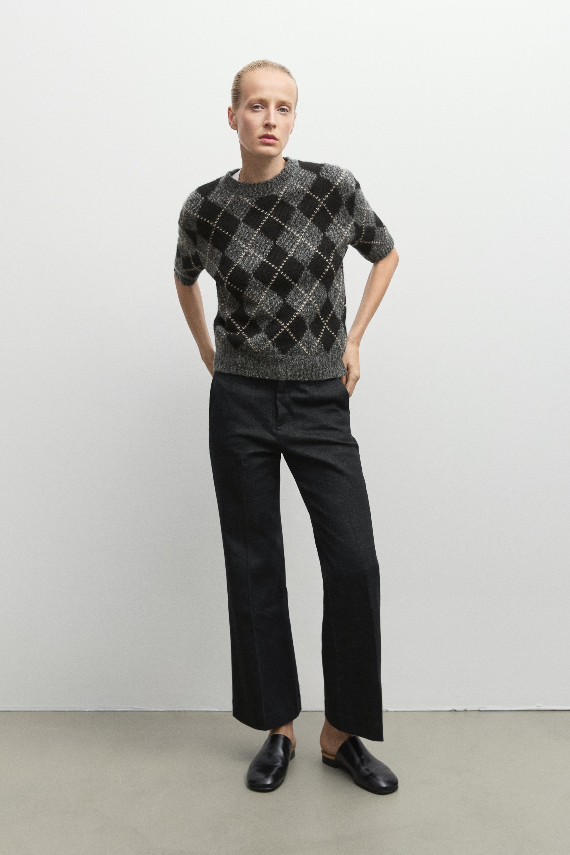 Cashmere-blend short sleeve argyle knit sweater