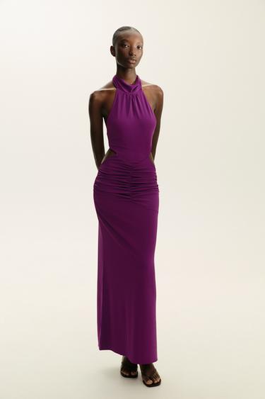 LANGES NECKHOLDER-KLEID MIT RAFFUNGEN - Dunkelviolett von Zara