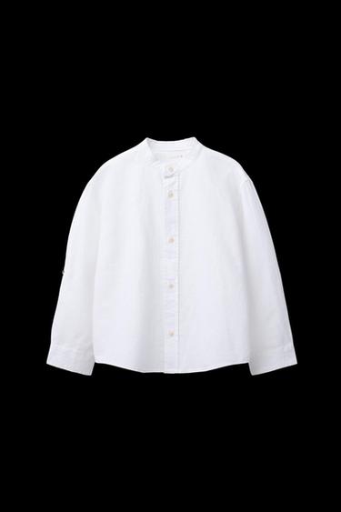LINEN BLEND SHIRT WITH STAND COLLAR - White by Zara