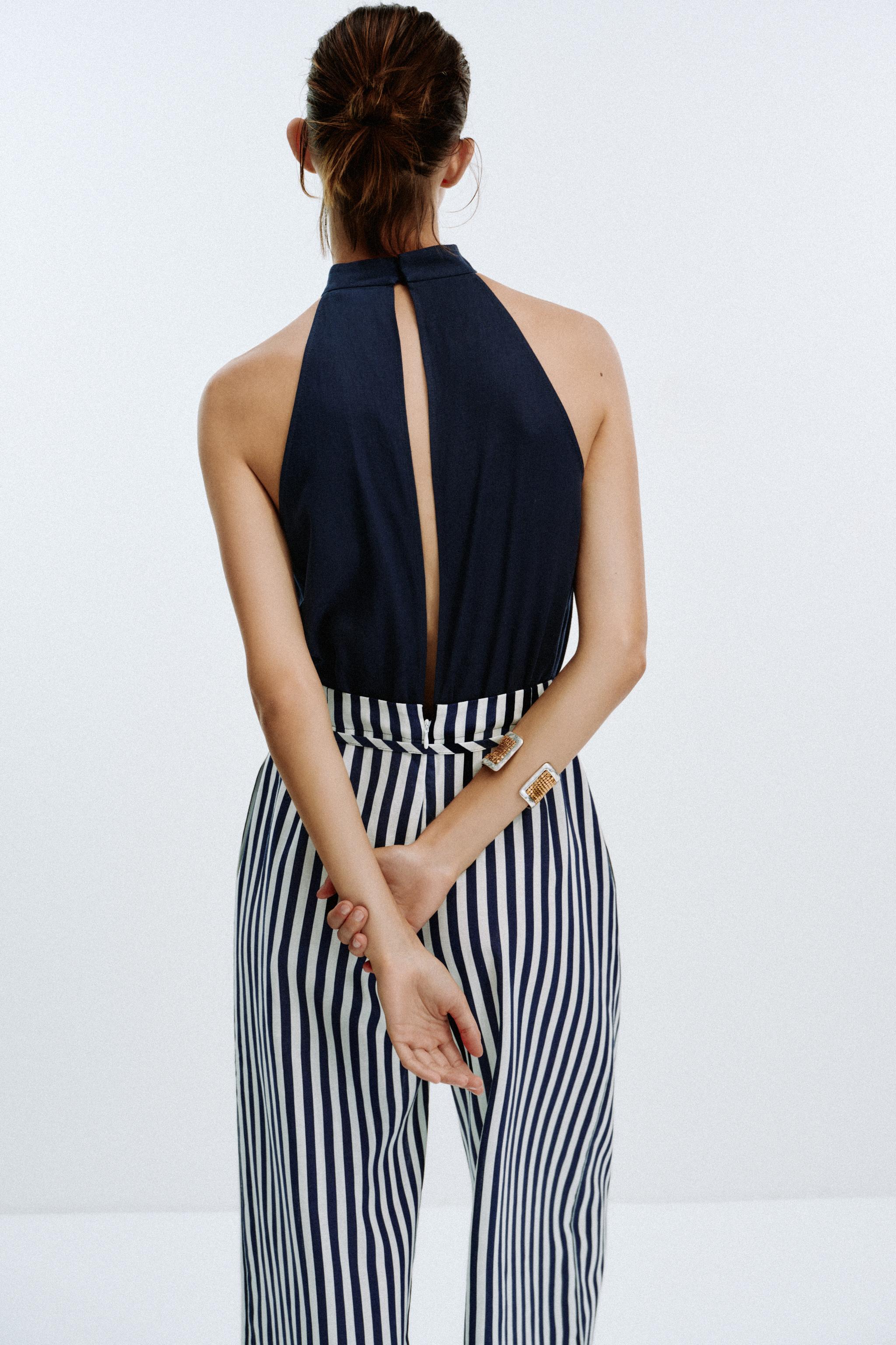 LINEN BLEND LONG JUMPSUIT - Blue / White | ZARA United States