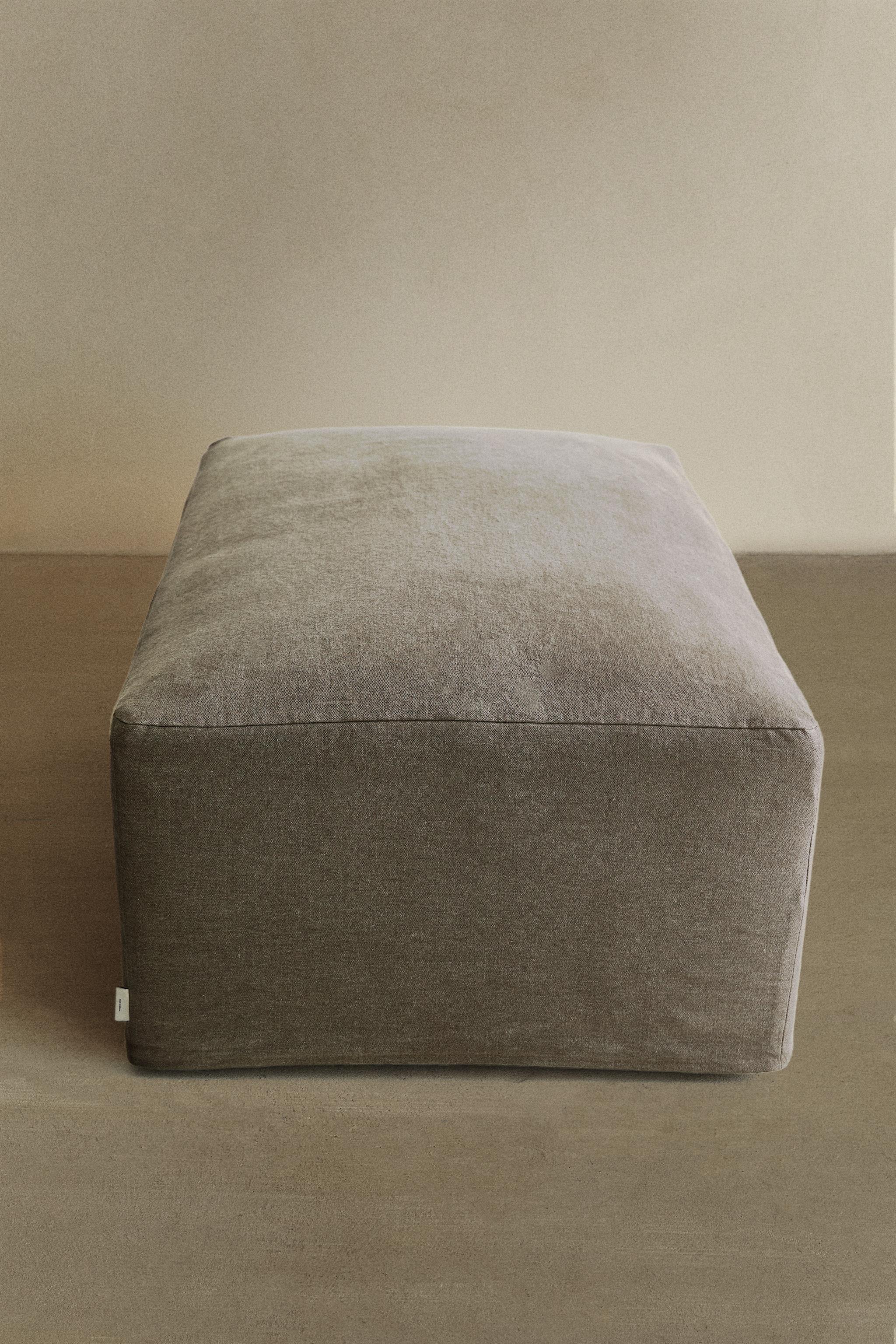 REMOVABLE WASHED LINEN OTTOMAN — Light beige