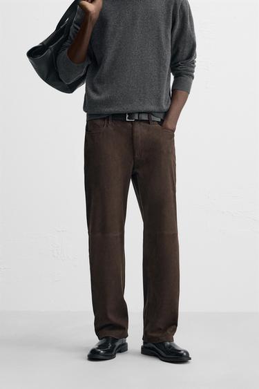 SUEDE LEATHER TROUSERS - Brown by Zara