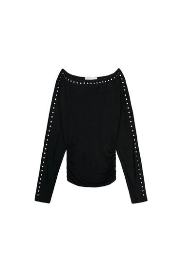 Zara LONG SLEEVE STUDDED T-SHIRT - Black