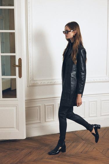 MANTEAU EN CUIR 100 % EFFET CRINKLE – COLLECTION ZW - Noir de Zara - Image 3
