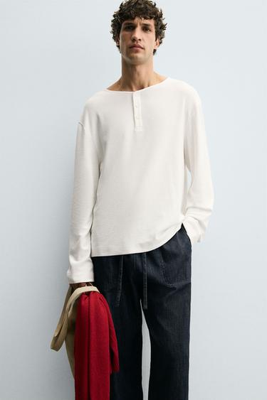 BUTTON-NECK GRID T-SHIRT - Oyster-white by Zara - Image 4