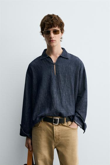 DENIM COTTON-LINEN SHIRT - Mid-blue by Zara