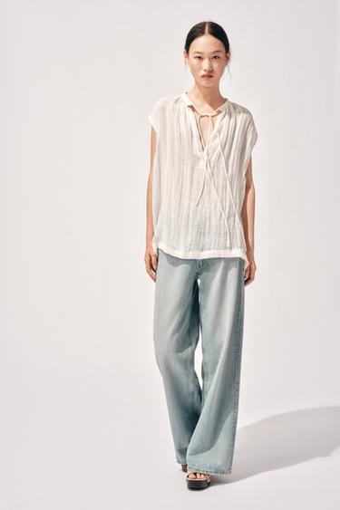 ZW COLLECTION LINEN BLOUSE WITH TIES - Oyster-white by Zara