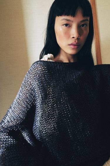 سترة محاكة بأكمام واسعة - أزرق الخاص بـ Zara