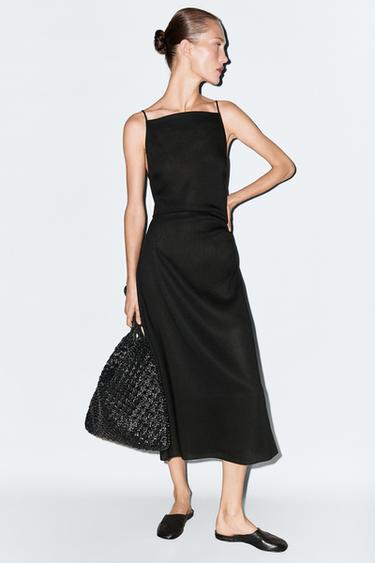 Vestido midi tirantes con lino - Negro de Zara