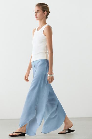 Pantalon fluide volumineux en lin - Bleu ciel de Zara