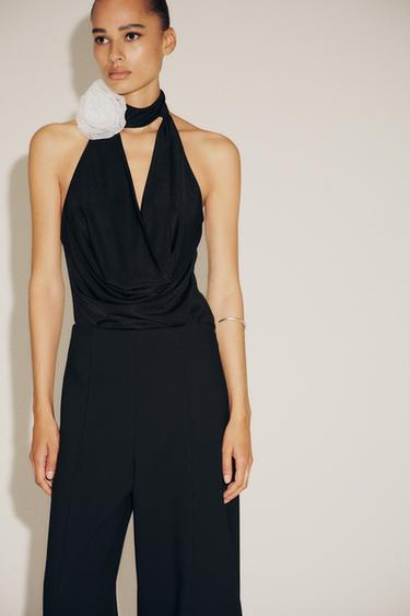 Zara TEXTURED FLOWER HALTER BODYSUIT - Black