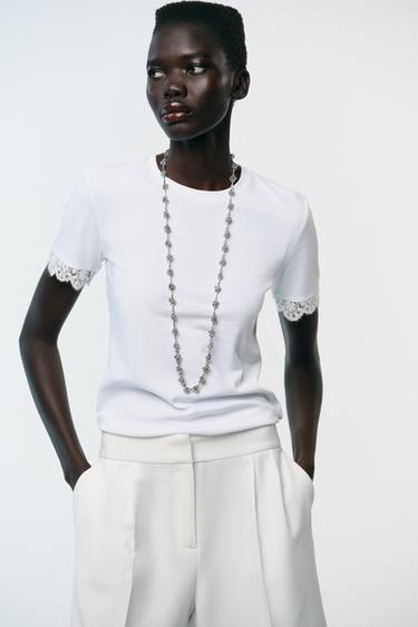 LACE SLEEVE T-SHIRT - White by Zara