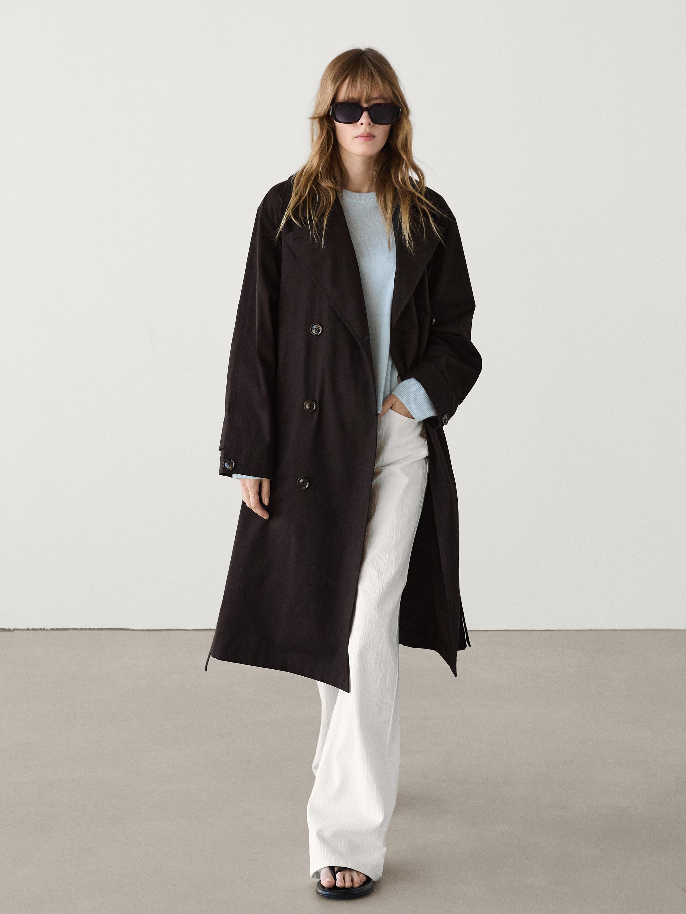 Long trench coat with belt and yoke detail Dark brown ZARA United States