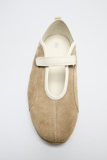 LEATHER BALLERINAS WITH STRAP - Sand Brown by Zara
