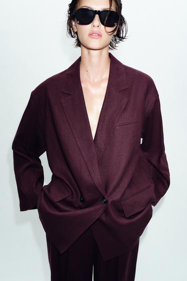 Zara LINEN BLEND DOUBLE BREASTED BLAZER - Eggplant