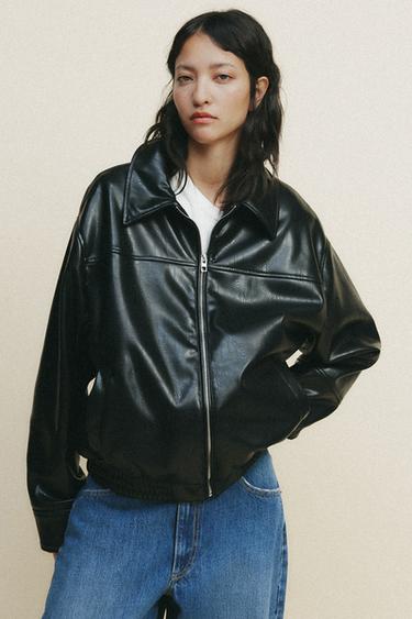 未使用】ZARA ヴィンテージエフェクト 細かく レザー ボンバー 