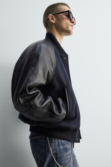 BLOUSON BOMBER EN CUIR ET TISSU ÉDITION LIMITÉE - Bleu marine foncé de Zara - Image 4