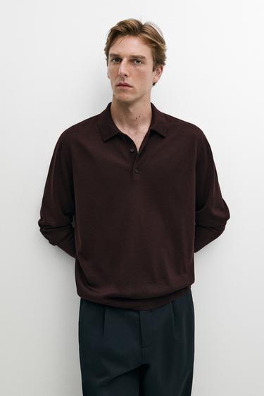 Pull polo en maille 100 % laine mérinos - Bordeaux de Zara
