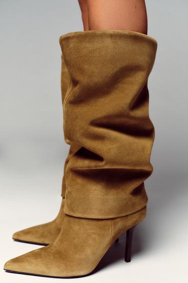 SPLIT SUEDE HEELED BOOTS - Sand Brown by Zara - Image 0