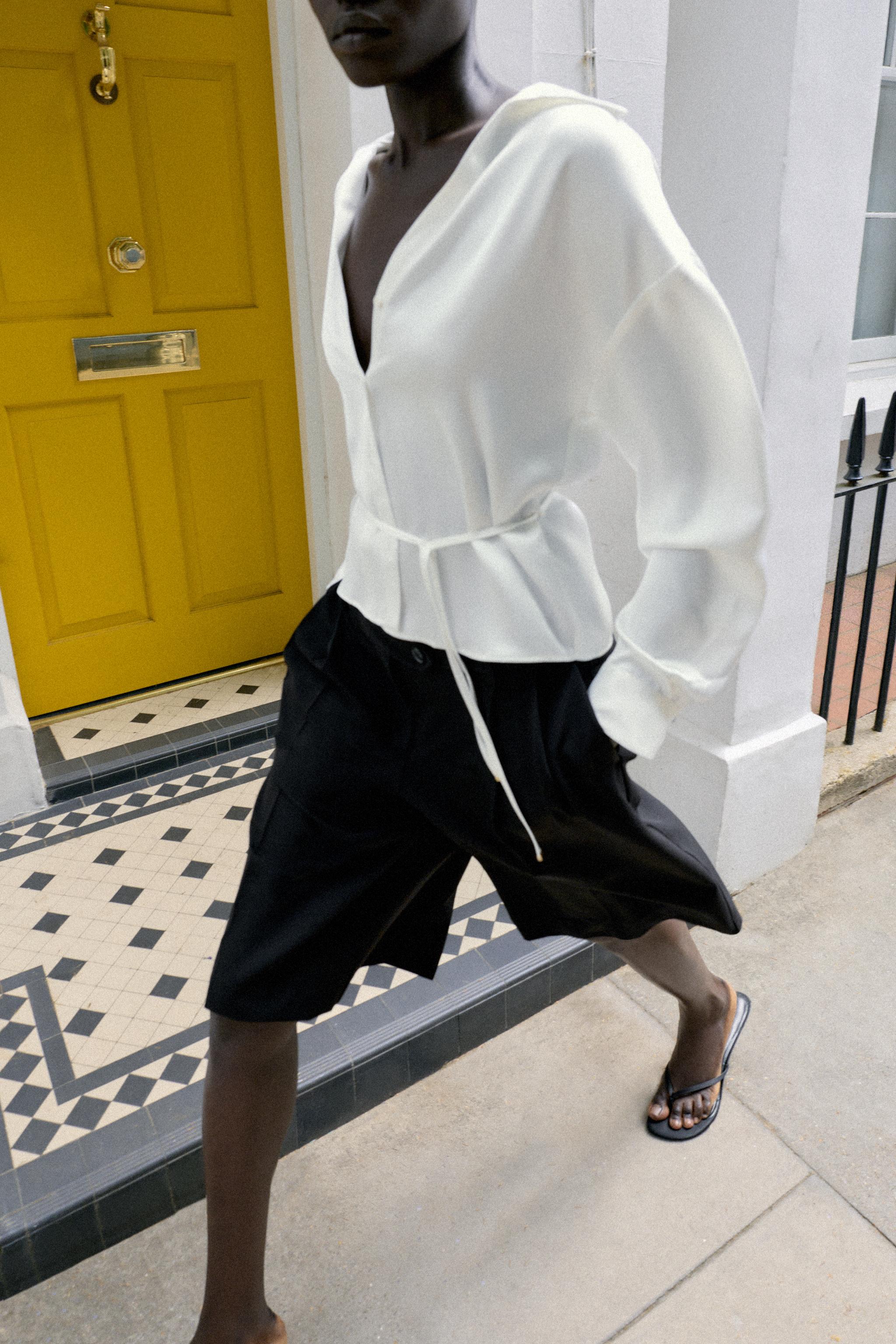 SATIN SHIRT WITH THIN BELT — White
