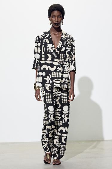 Zara WATERCOLOR PRINT BLAZER - Black / White