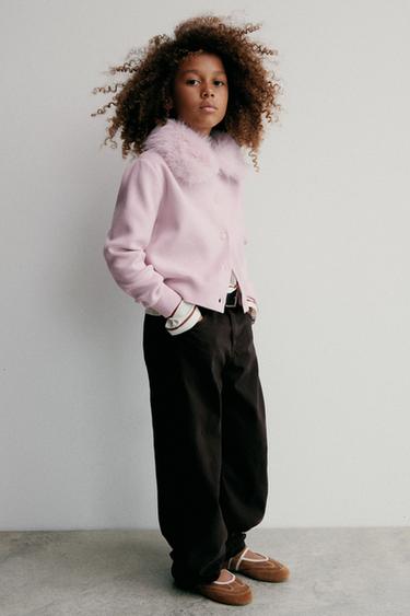 JAKET RAJUT KERAH EFEK BULU DAPAT DILEPAS - Pink dari Zara
