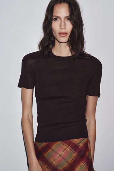 PLAIN KNIT SHORT SLEEVE TOP - Aubergine by Zara