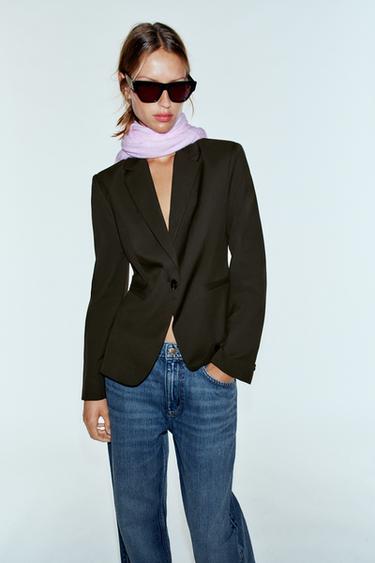 FITTED SHOULDER-PAD BLAZER — Brown 1