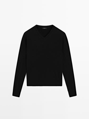Jersey punto cuello pico mezcla lana - Negro de Zara