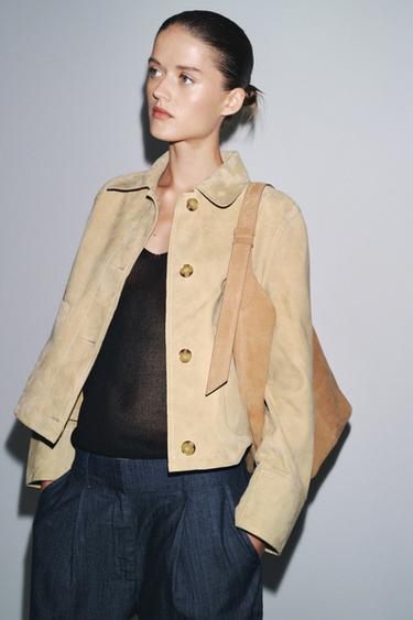 SUEDE LEATHER MAXI BUCKET BAG WITH HANDLE DETAIL - SAND/BROWN by Zara