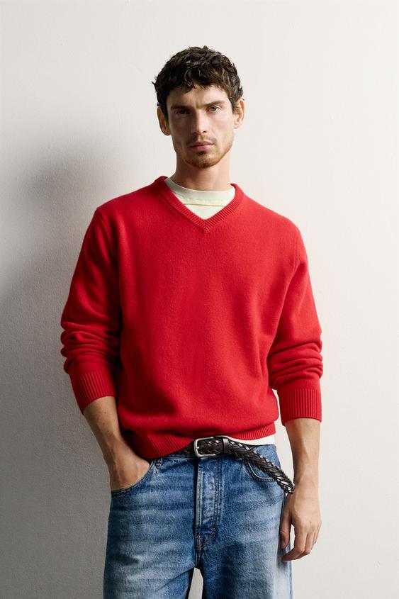 PULL COL EN V MÉLANGE LAINE - Rouge de Zara - Image 1