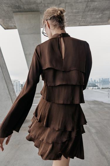 SHORT SATIN DRESS WITH RUFFLES - Brown by Zara - Image 5
