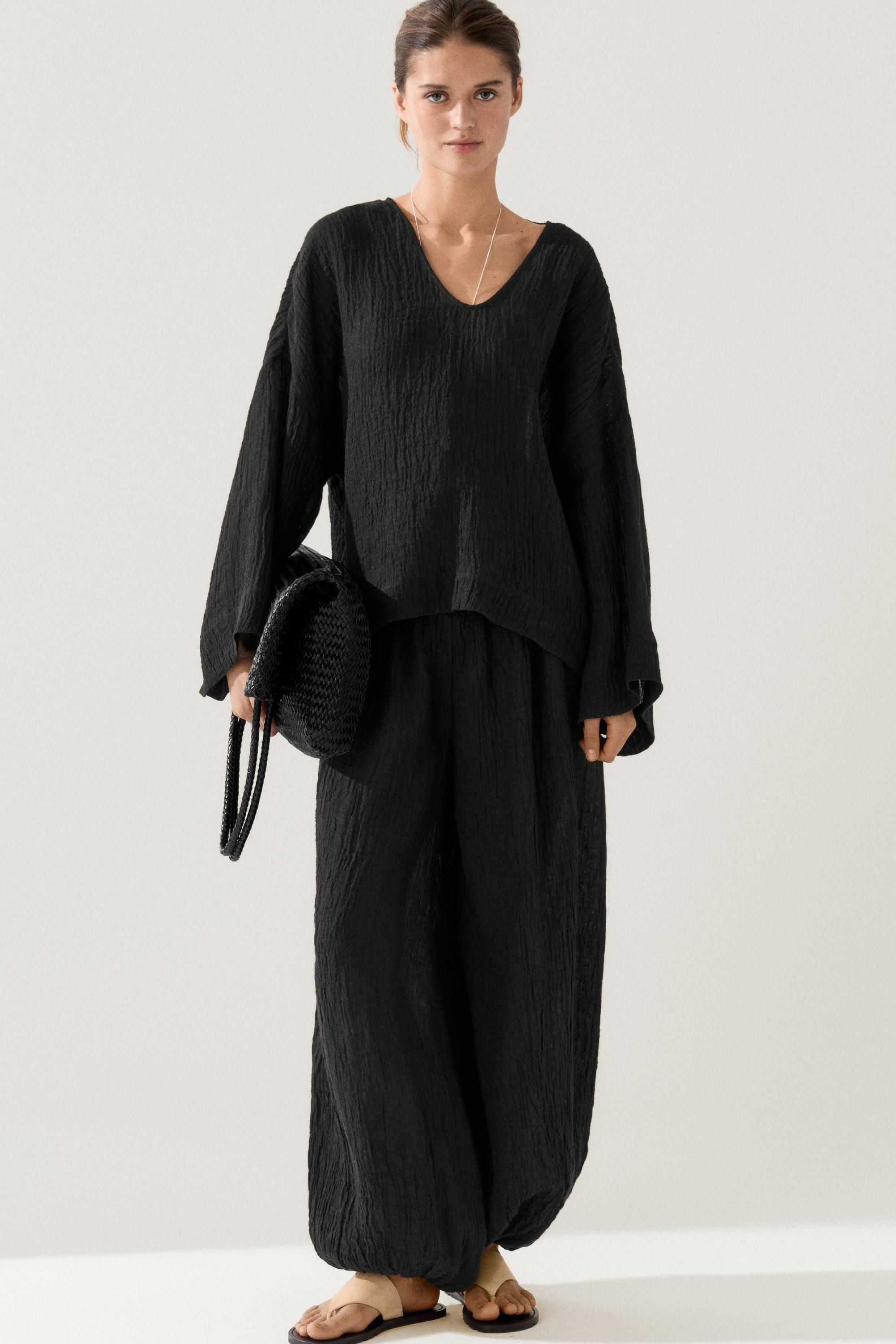 100% linen waffle-knit flowing blouse