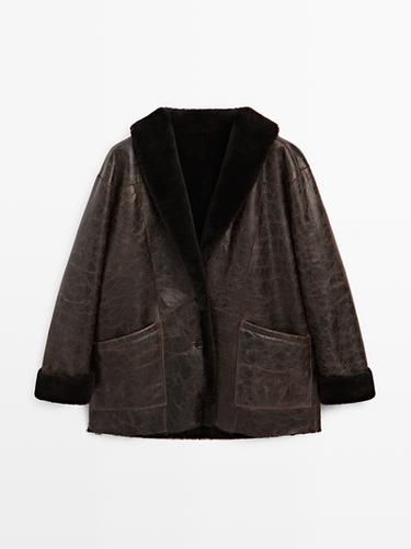 Zara Mouton leather coat with crackled finish - Brown