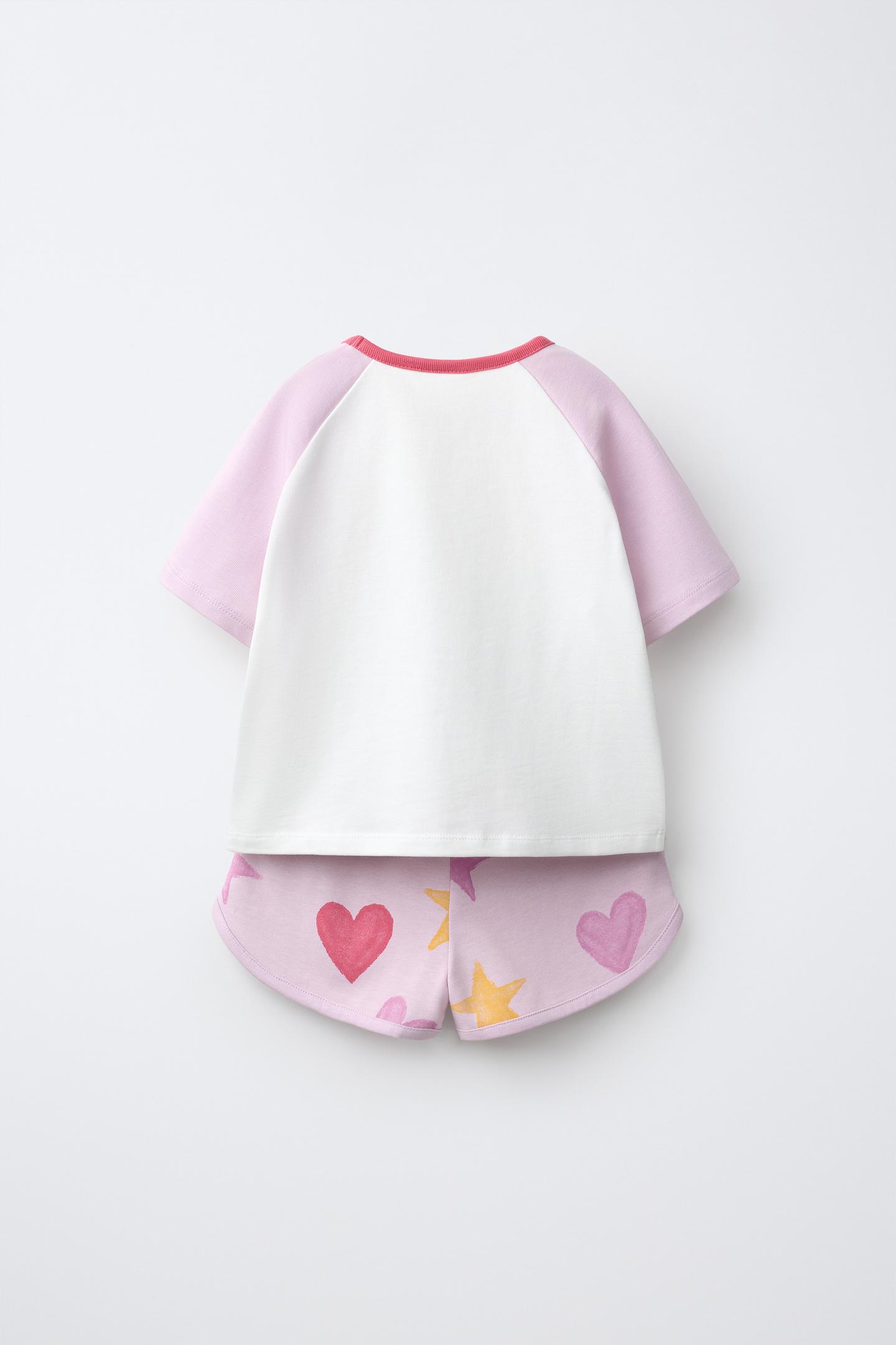 Детский комплект Zara Star and Heart Raglan T-SHIRT and Bermuda Shorts Set, цвет: Пастельный розовато-лиловый — фото 2