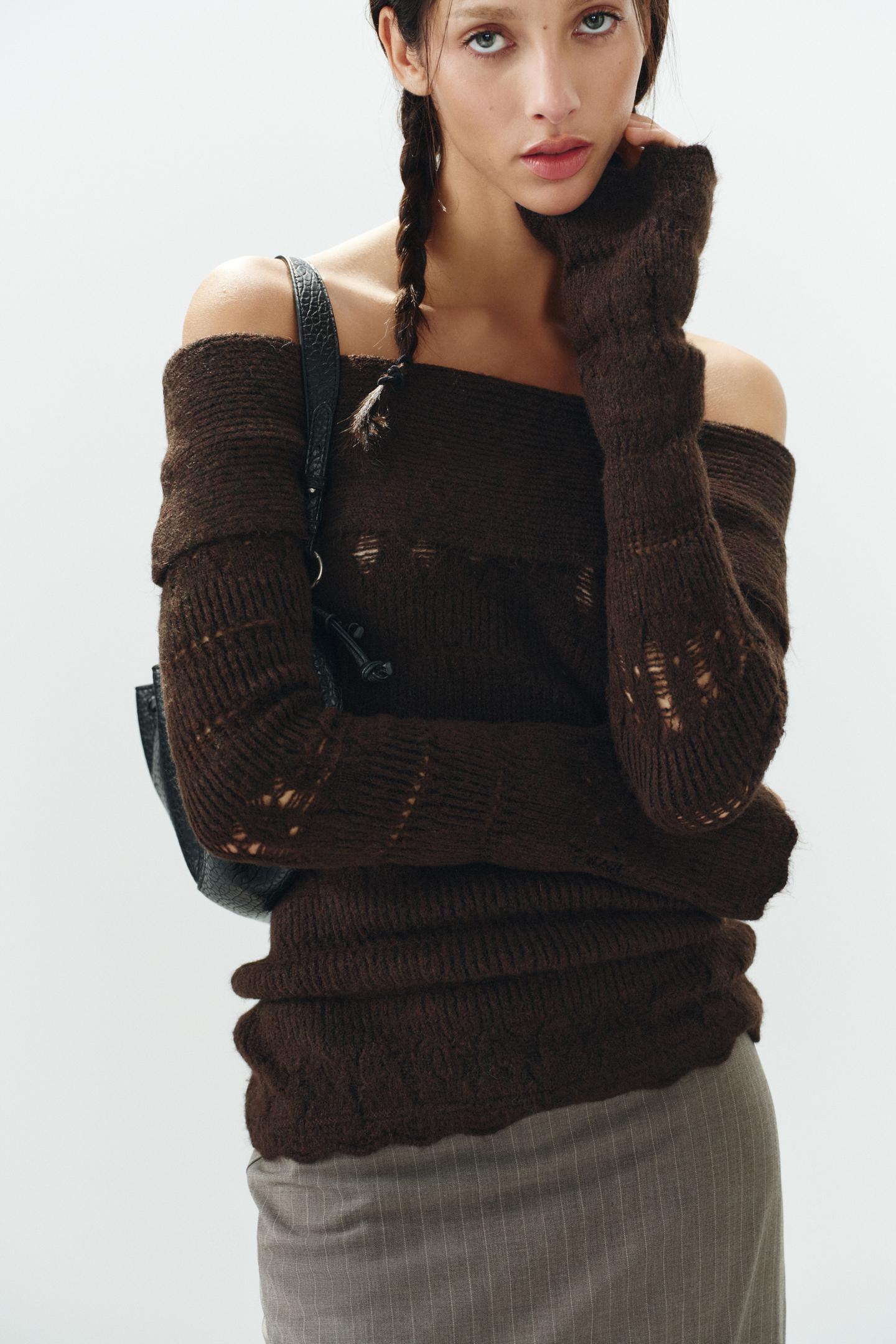 Женский свитер Zara Off-The-Shoulder Openwork Jumper, цвет: Шоколадный — фото 2