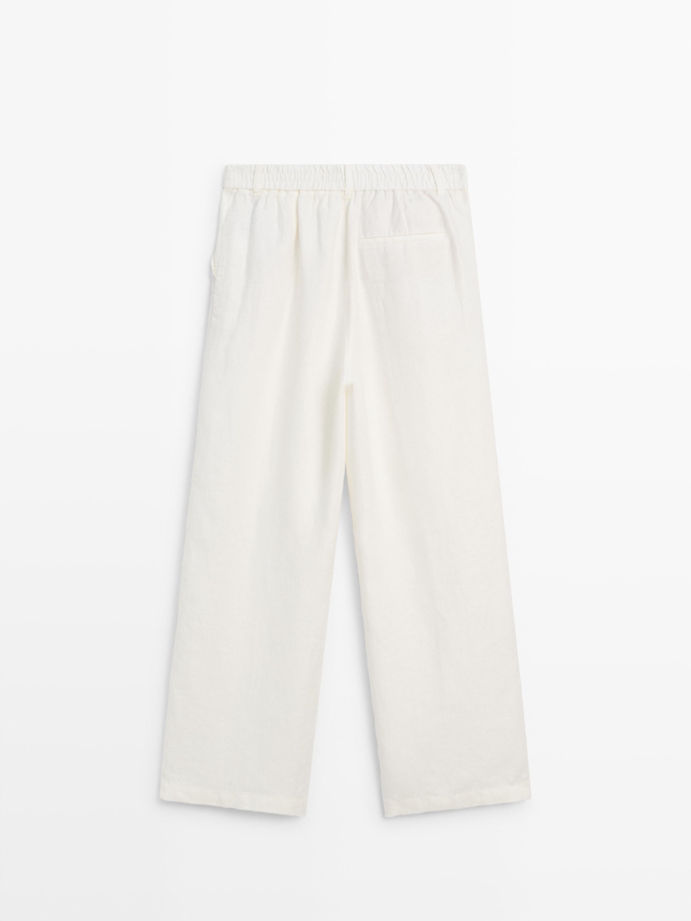 100% linen wide-leg elasticated trousers