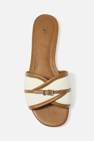 BUCKLED FABRIC FLAT SANDALS - Dark tan by Zara